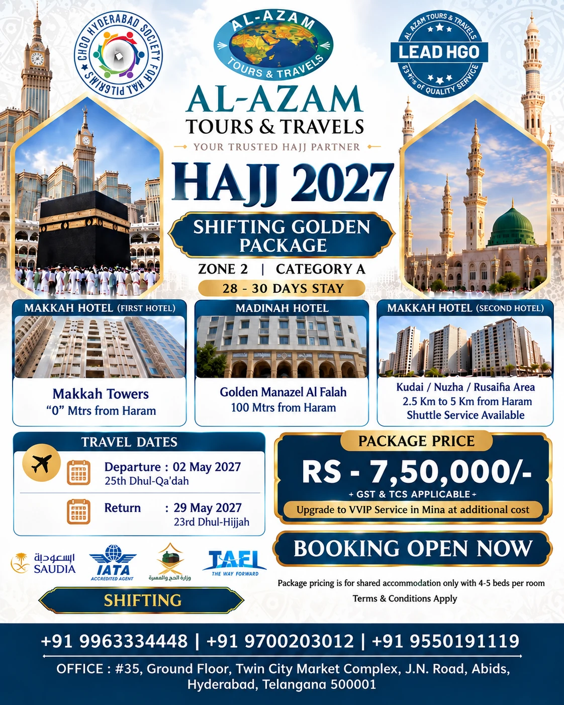 Al Azam Hajj 2027 Shifting Golden package image with hotel, travel, stay and price details