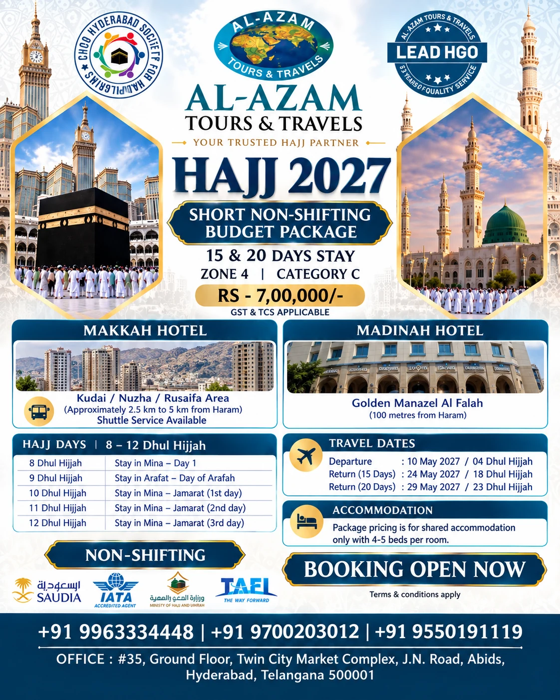 Al Azam Hajj 2027 Short Budget package image with hotel, travel, stay and price details